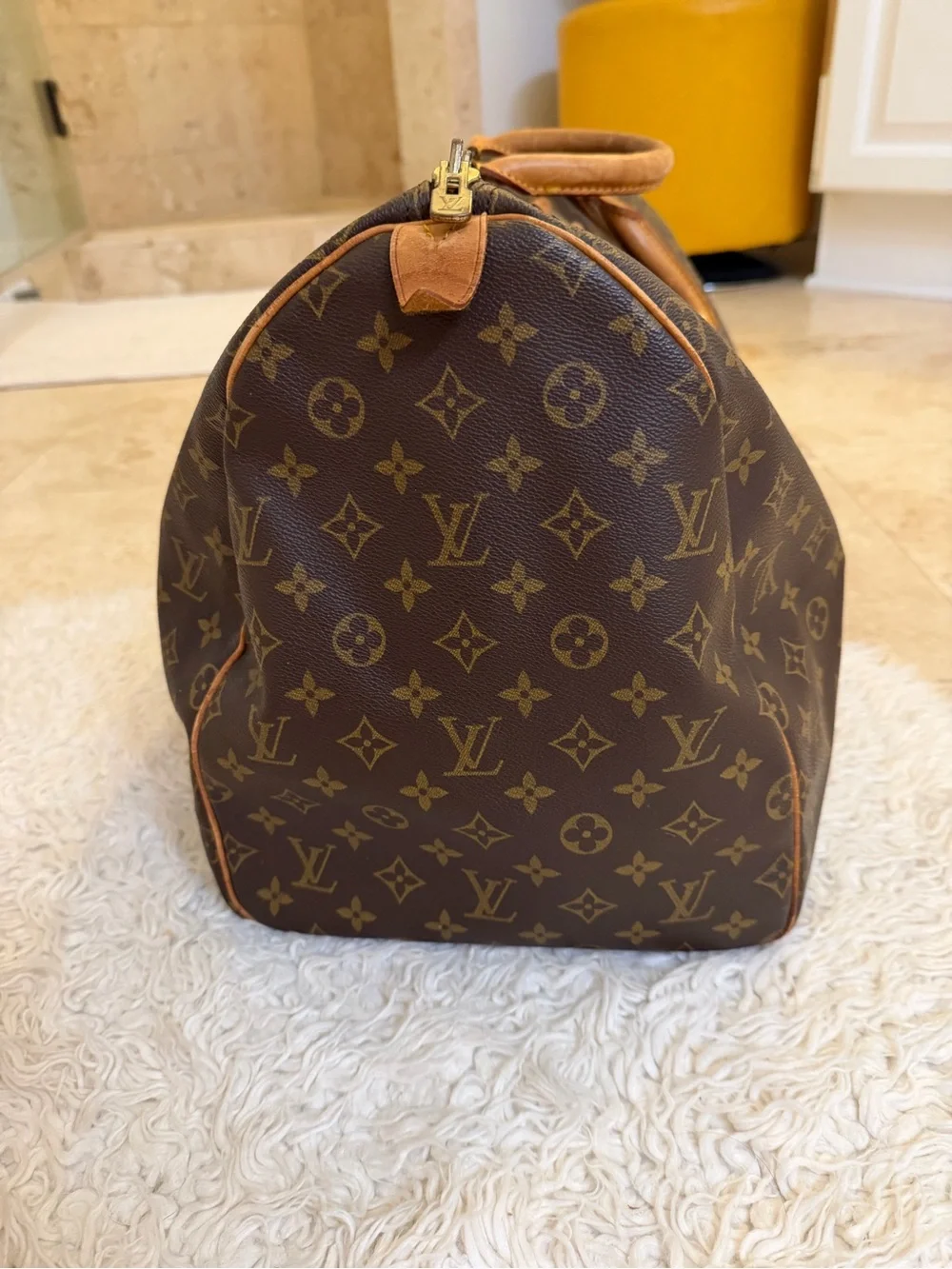 Louis Vuitton Keepall 55 Brown Monogram Canvas Duffel with Natural Leather Trim